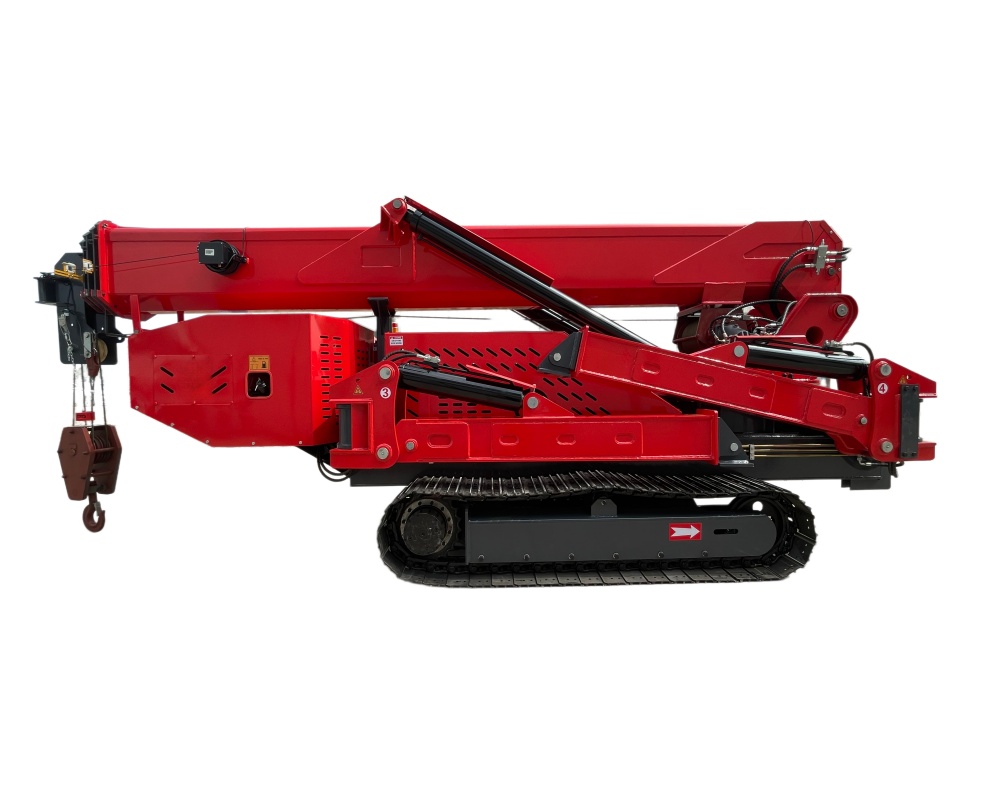 ZMC120 12 Ton Mini Crawler Crane in Stowed Position, Compact Red Spider Crane for Transport