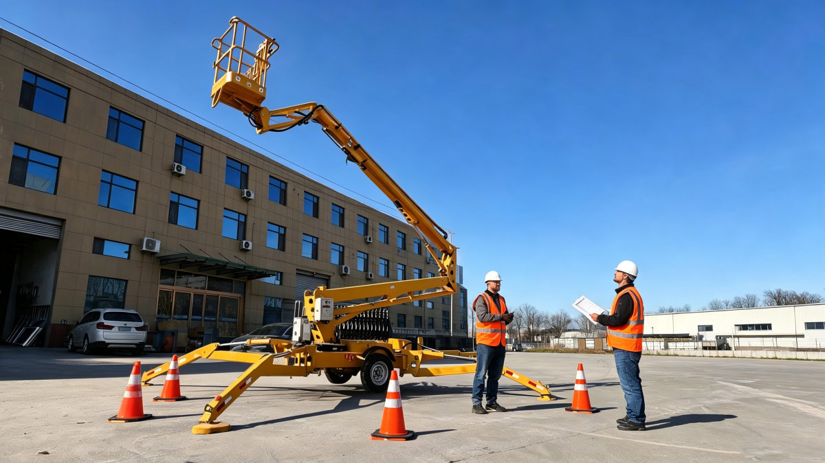 towable boom lift packed for international shipping
