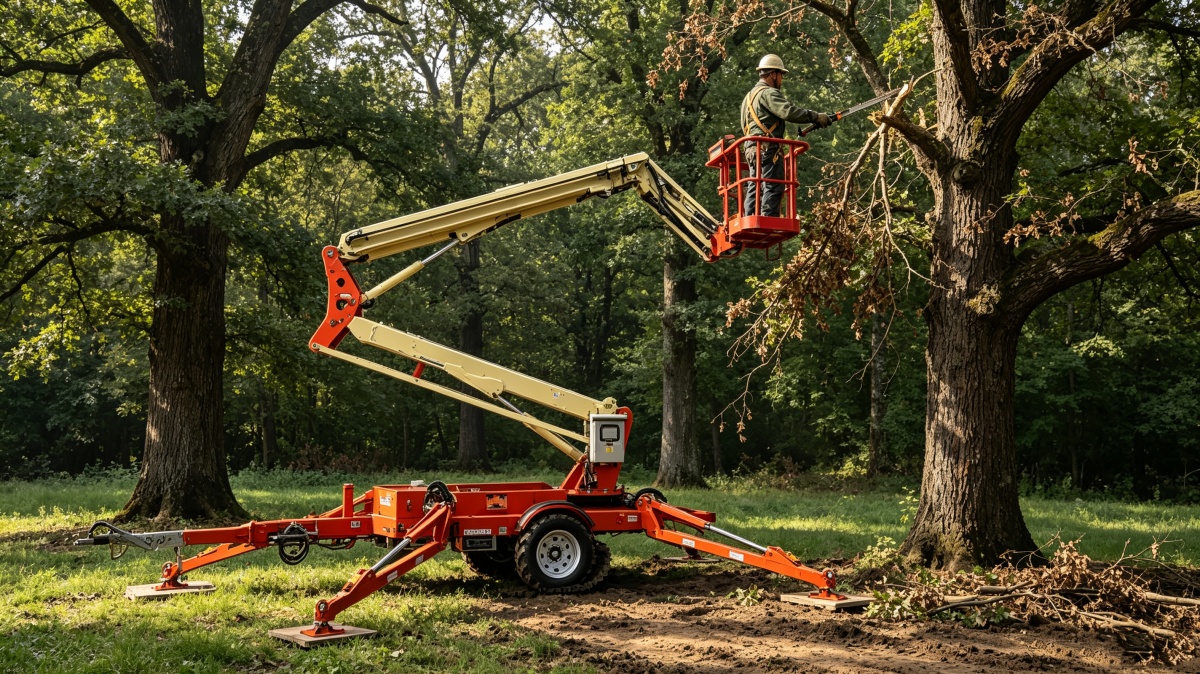 Towable boom lift prepared for a pre-use setup and safety inspection