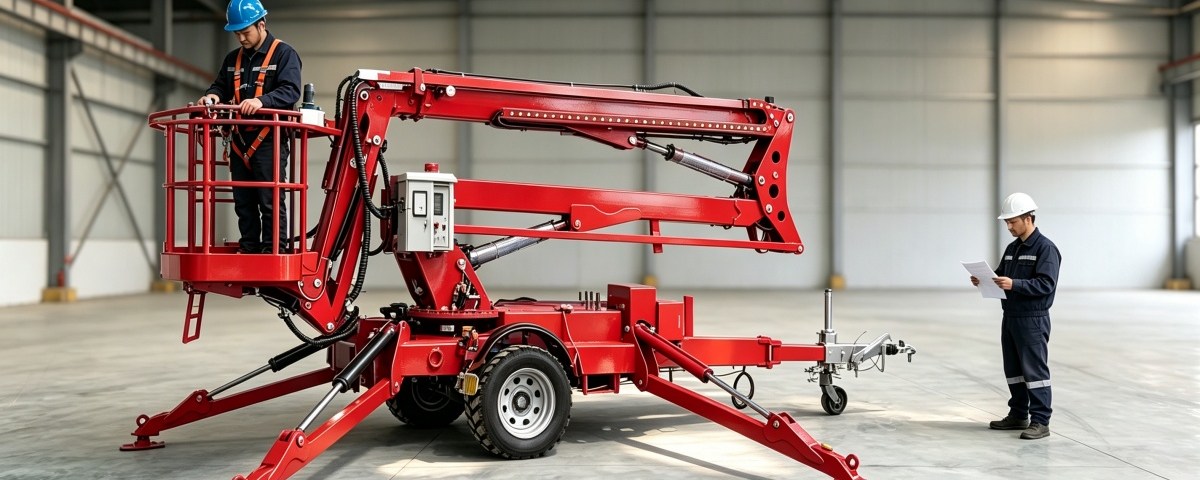 towable boom lift packed for international shipping