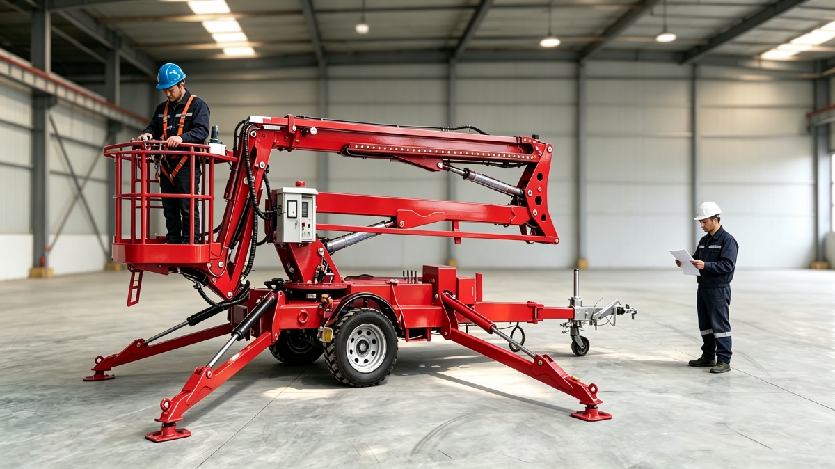 Towable boom lift prepared for routine maintenance and fleet inspection